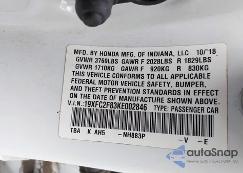 2019 Honda Civic Sport z USA, uszkodzony, nr VIN 19XFC2F83KE002846